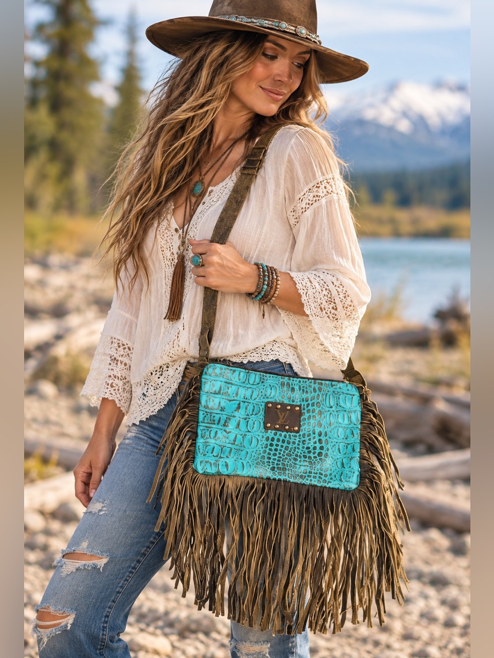 Keep it Gypsy Turquoise Croc-Embossed Fringe Crossbody Bag - with major fringe